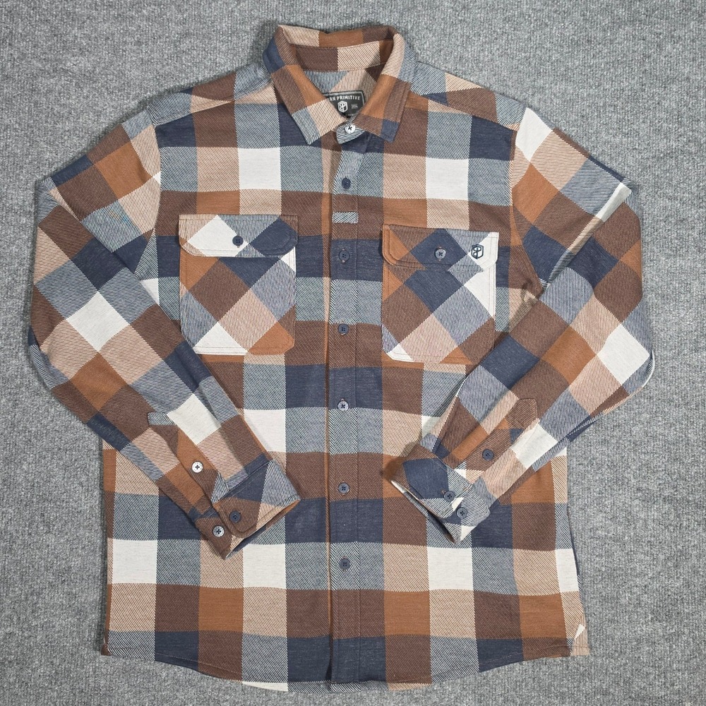Born Primitive Mens LG Flannel Shirt Brown Navy Blue Plaid Stretch Button Down